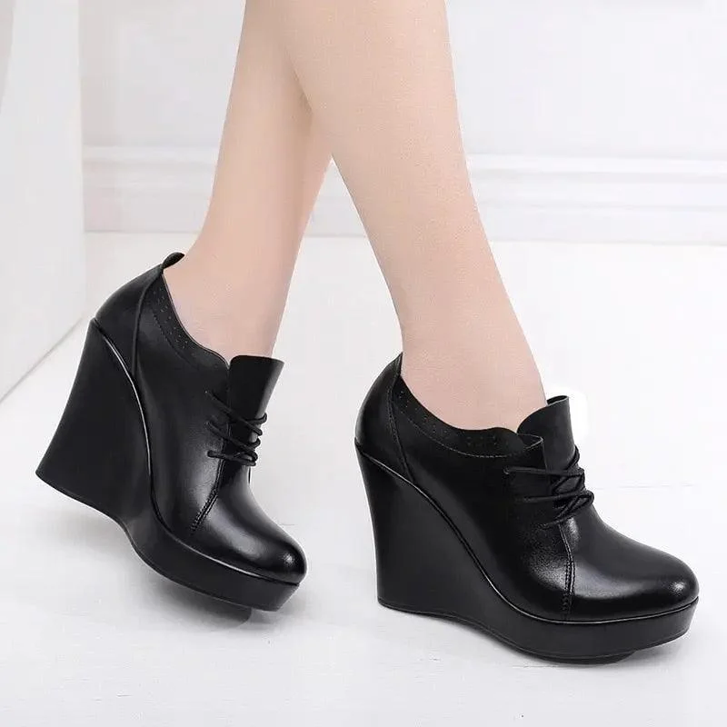 Lace Up Wedges Heel Black Boots - Glova