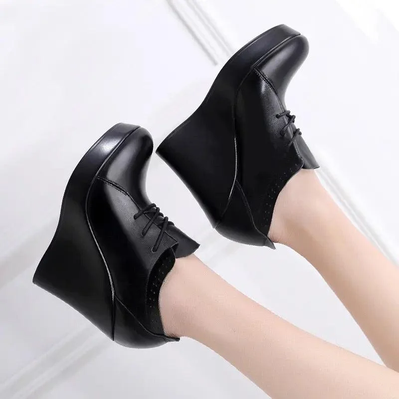 Lace Up Wedges Heel Black Boots - Glova