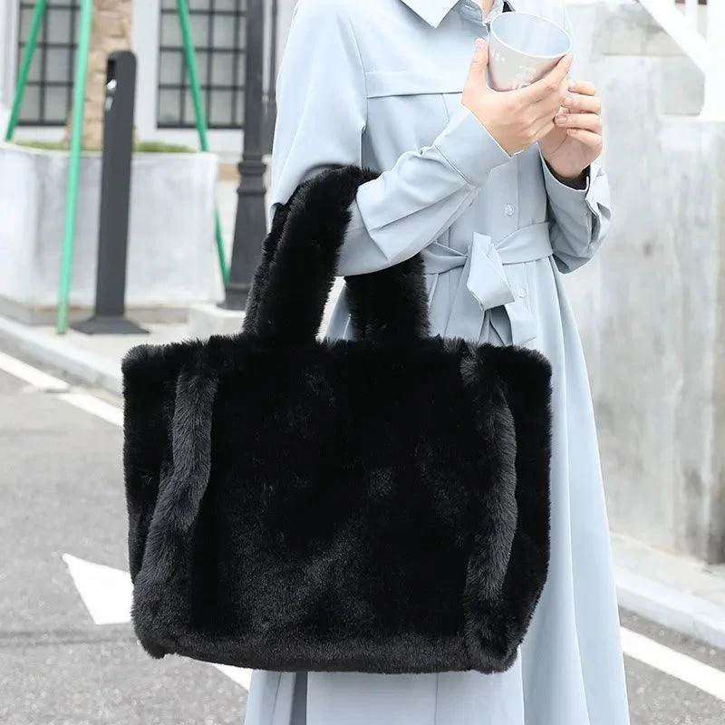 Large Tote Bag Faux Fluffy Soft Plush Shopper Bag - Glova