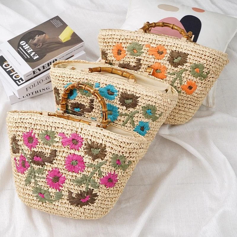 Lavinia Floral Embroidery Straw Baskets - 3 Colors - Glova