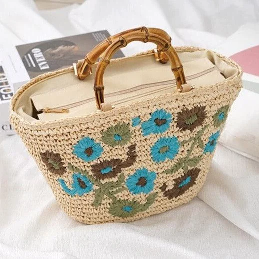 Lavinia Floral Embroidery Straw Baskets - 3 Colors - Glova