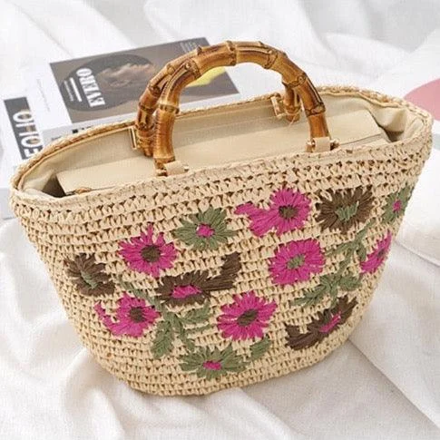 Lavinia Floral Embroidery Straw Baskets - 3 Colors - Glova