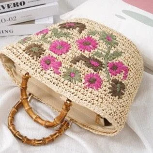 Lavinia Floral Embroidery Straw Baskets - 3 Colors - Glova