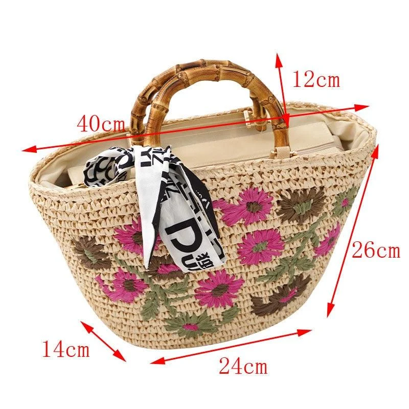 Lavinia Floral Embroidery Straw Baskets - 3 Colors - Glova