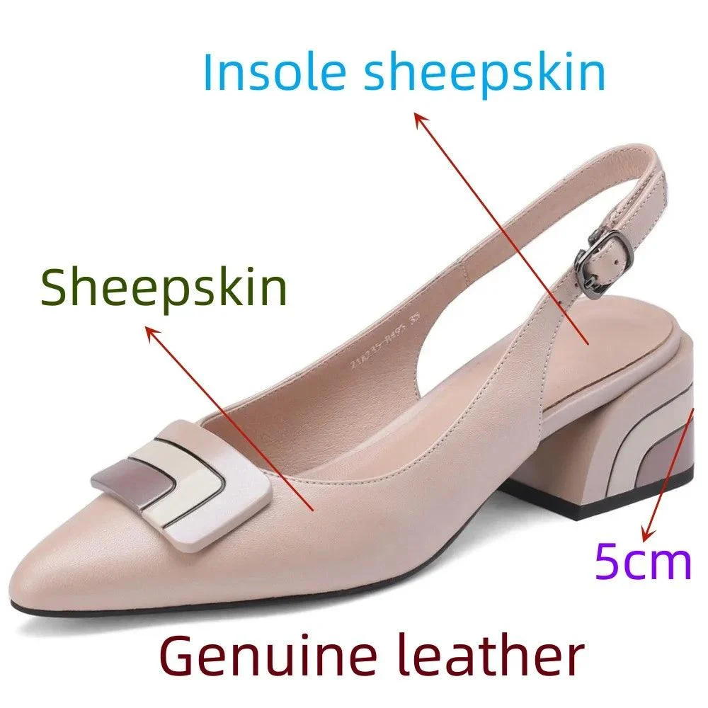 Leather Chunky Sandals Women High Heels Shoes Slingback Pumps - Glova