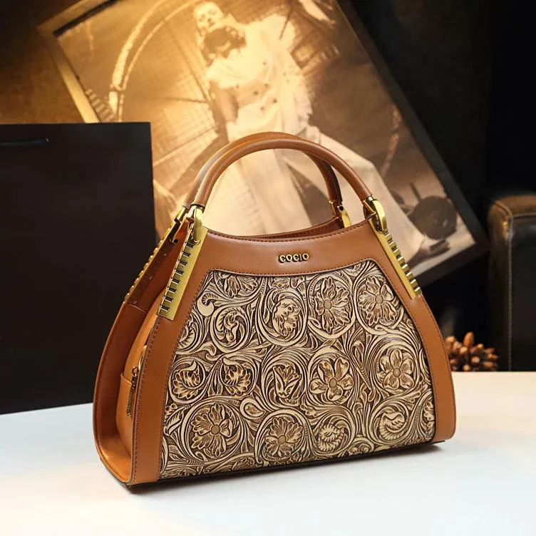 Leather Floral Carved Lady Hand Bags - Glova