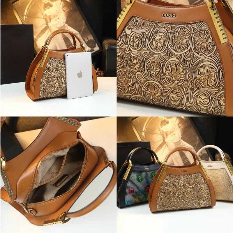 Leather Floral Carved Lady Hand Bags - Glova