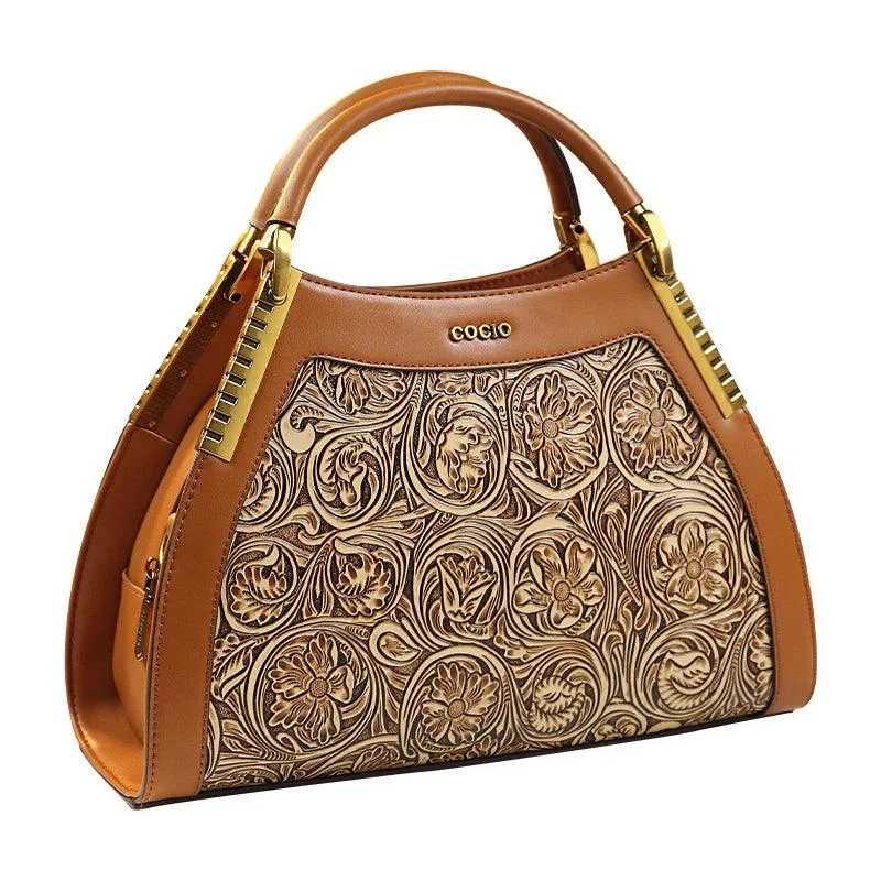 Leather Floral Carved Lady Hand Bags - Glova