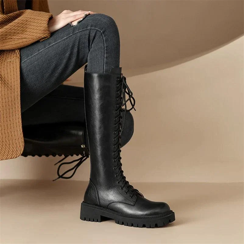 Leather Knee High Riding Boots Zipper Lace-up Long Boots - Glova