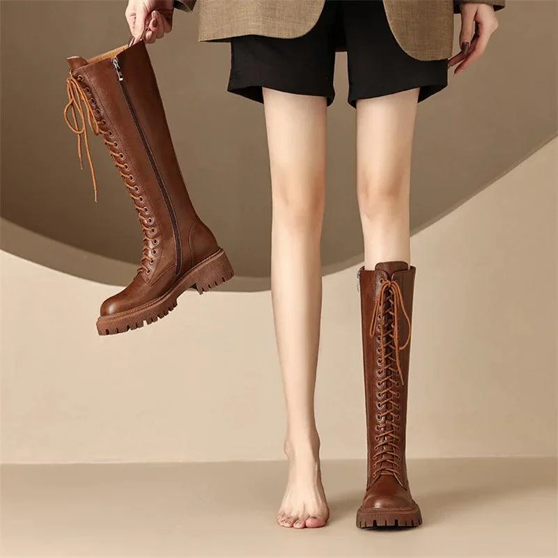 Leather Knee High Riding Boots Zipper Lace-up Long Boots - Glova