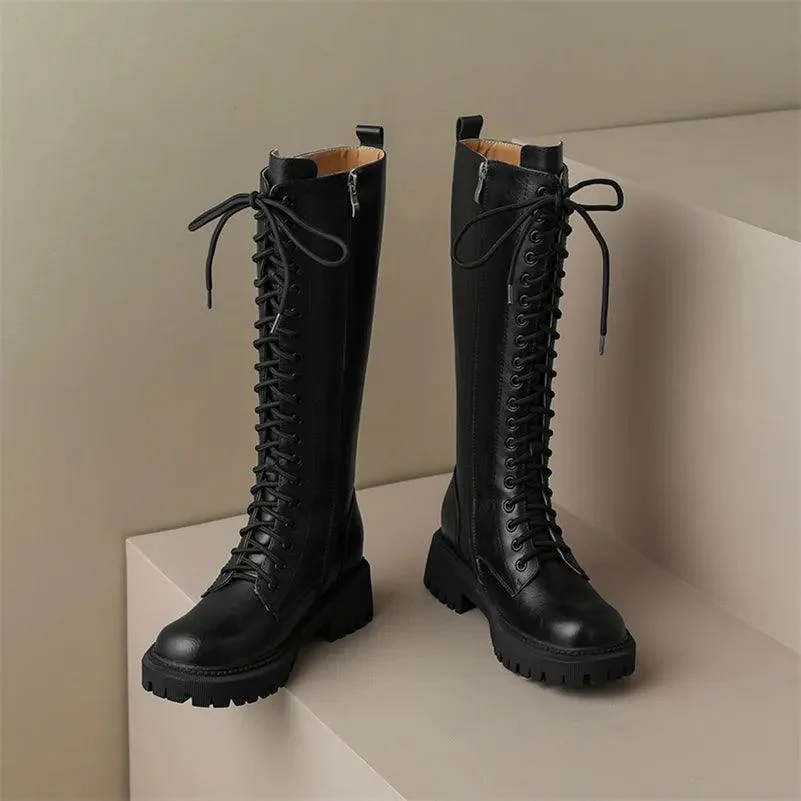 Leather Knee High Riding Boots Zipper Lace-up Long Boots - Glova