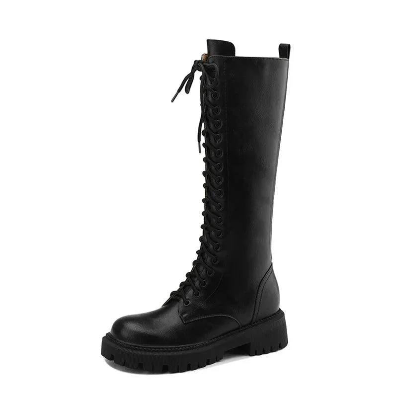 Leather Knee High Riding Boots Zipper Lace-up Long Boots - Glova