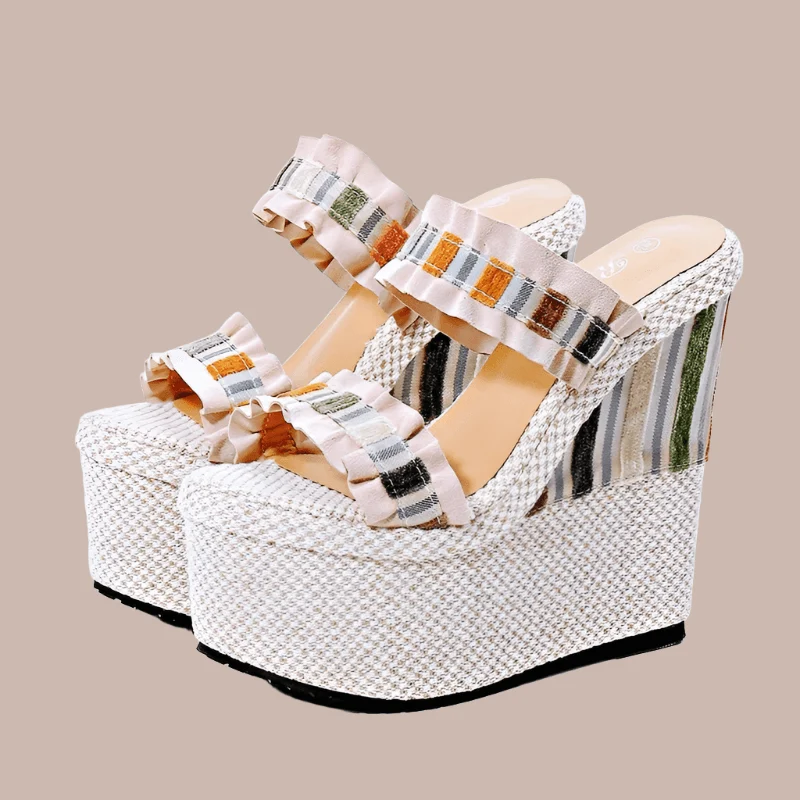 Leather Lace Outer Thick Wedge Heeled Sandals - Glova