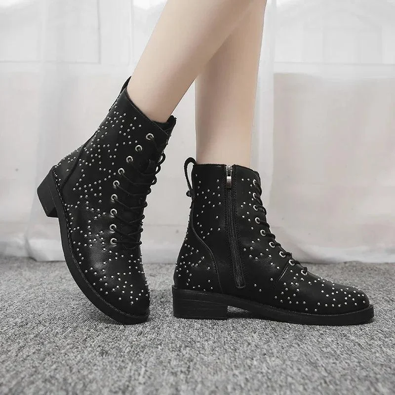 Leather Martin Boots Low Heels Zipper Rivet Women Shoes - Glova