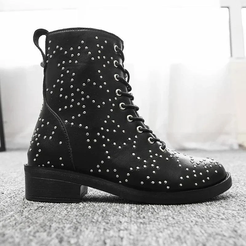 Leather Martin Boots Low Heels Zipper Rivet Women Shoes - Glova