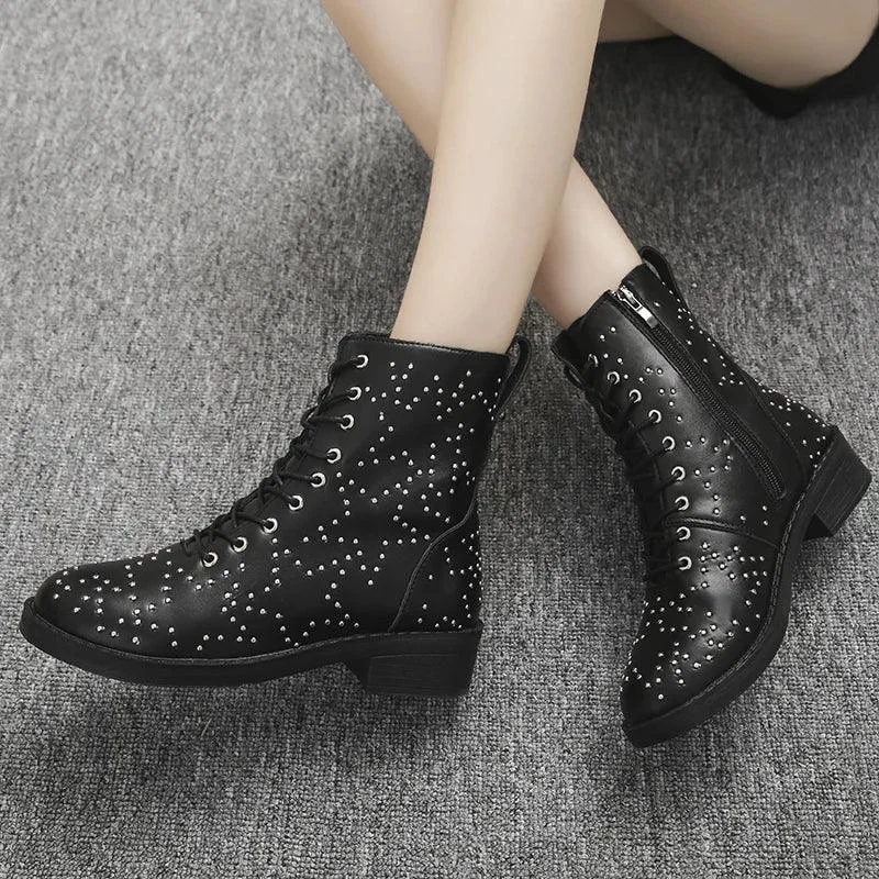 Leather Martin Boots Low Heels Zipper Rivet Women Shoes - Glova