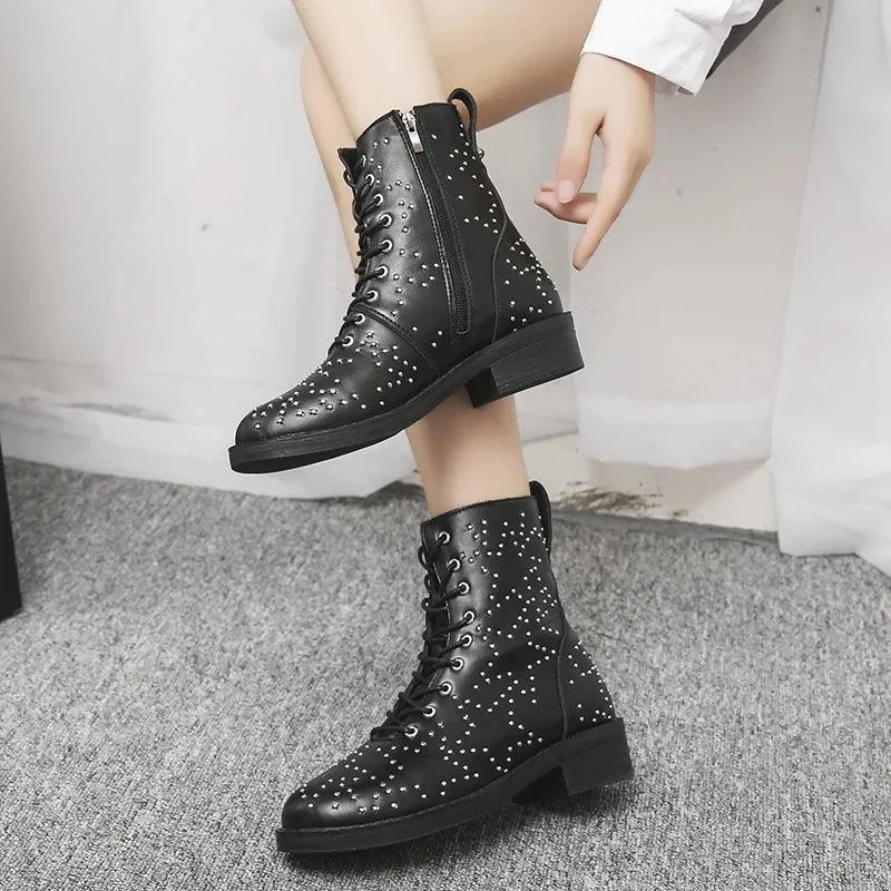 Leather Martin Boots Low Heels Zipper Rivet Women Shoes - Glova