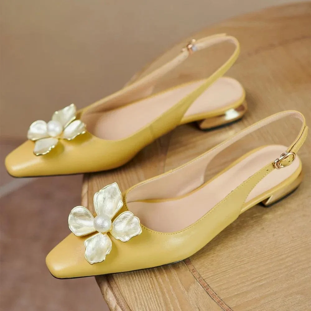 Leather Metal Flower Pointed Toe Flat Heels Sandal Shoes - Glova