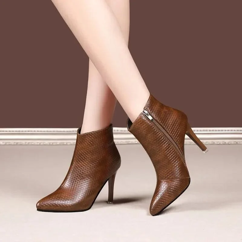 Leather Poined Toe High Heels Side Zipper Pumps Women's Boots - Glova