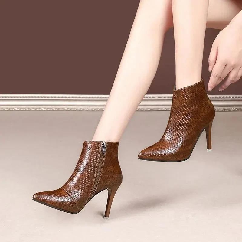 Leather Poined Toe High Heels Side Zipper Pumps Women's Boots - Glova