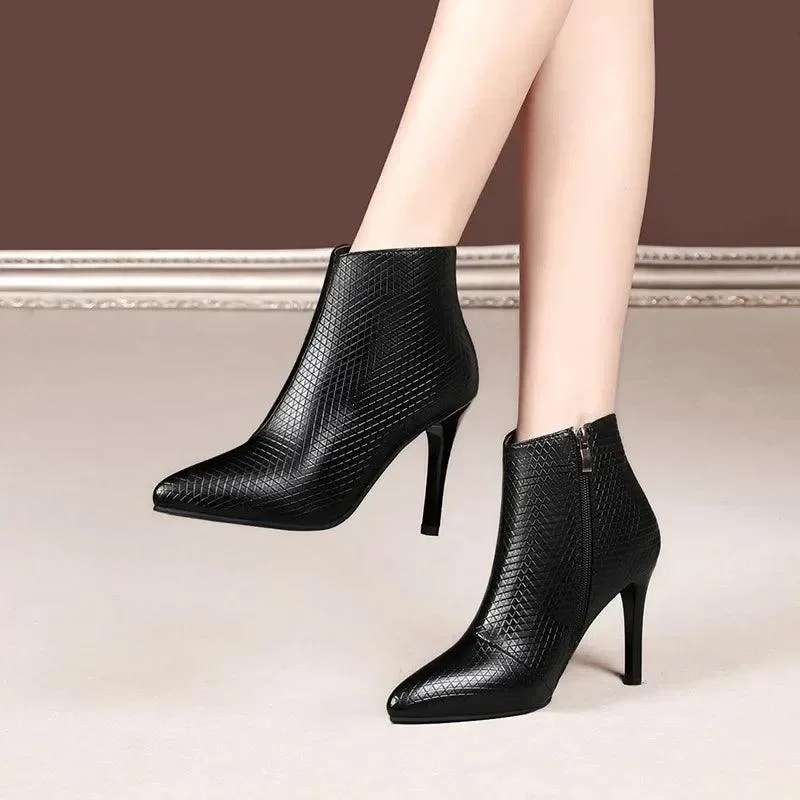 Leather Poined Toe High Heels Side Zipper Pumps Women's Boots - Glova