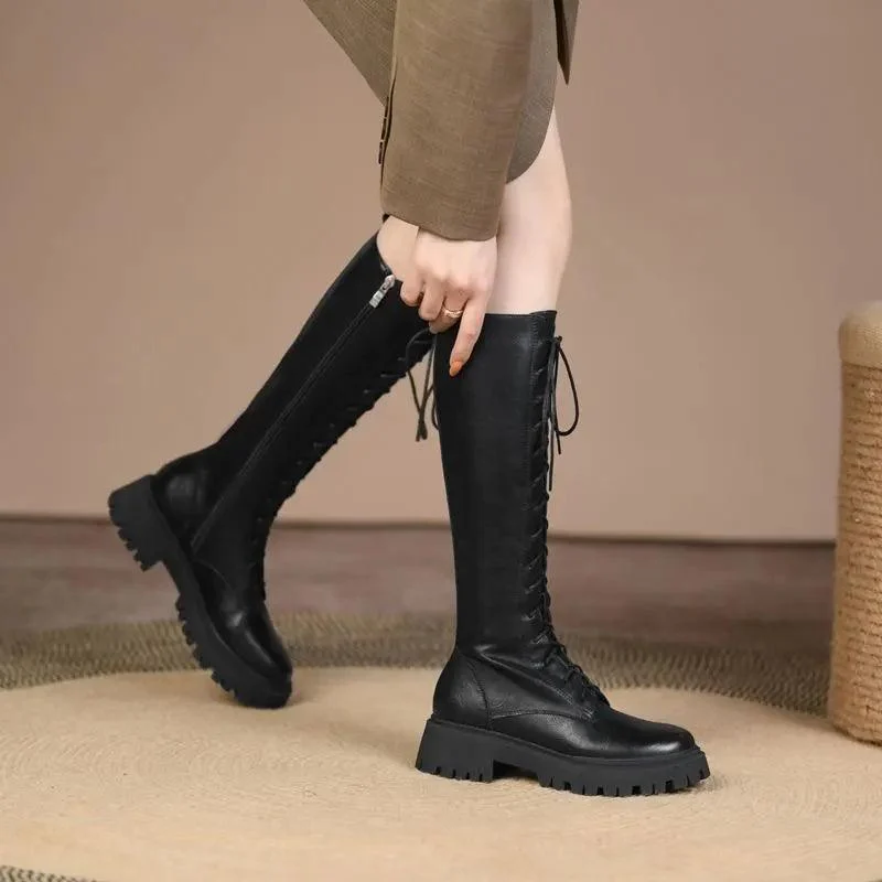 Leather Zip Knee High Boots Thick Fur Motorcycle Boots - Glova