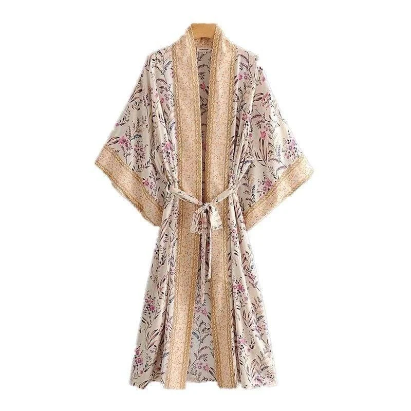 Leona Floral Maxi Kimono In Beige - Glova