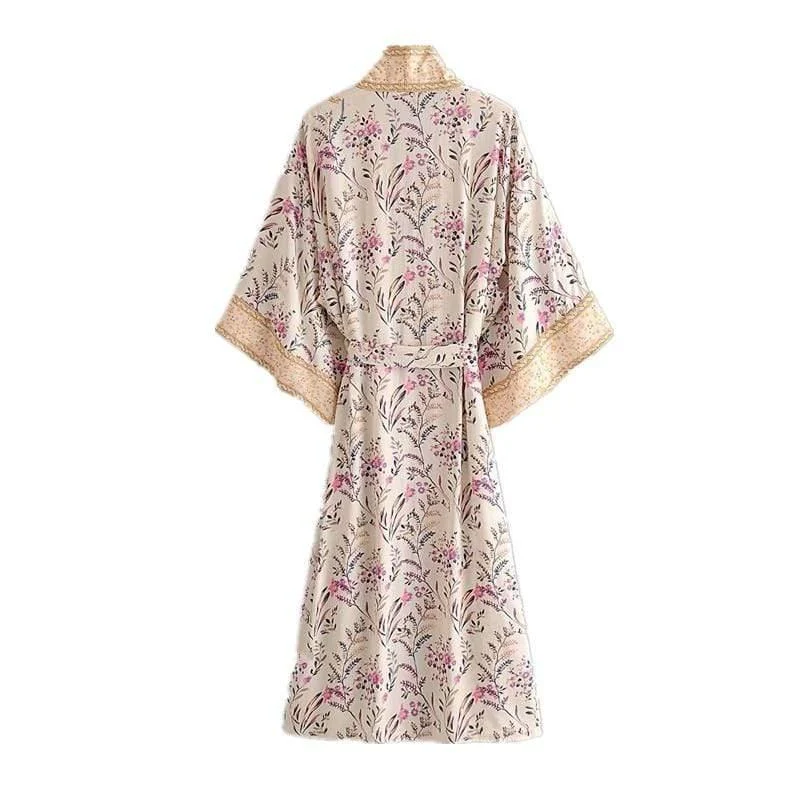 Leona Floral Maxi Kimono In Beige - Glova