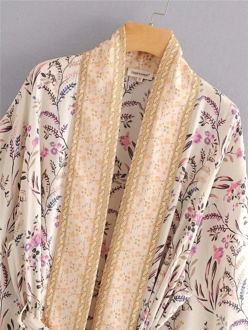 Leona Floral Maxi Kimono In Beige - Glova