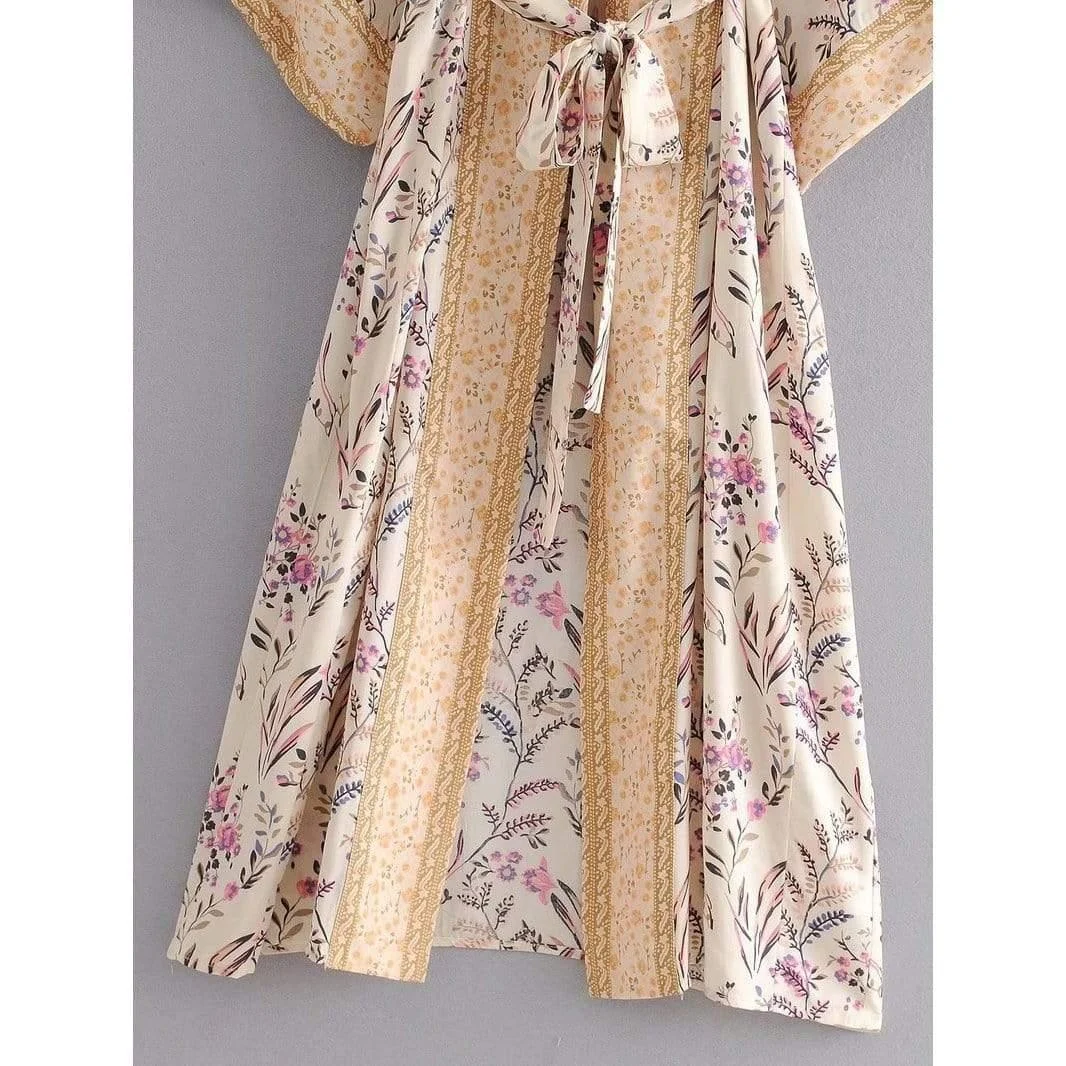 Leona Floral Maxi Kimono In Beige - Glova