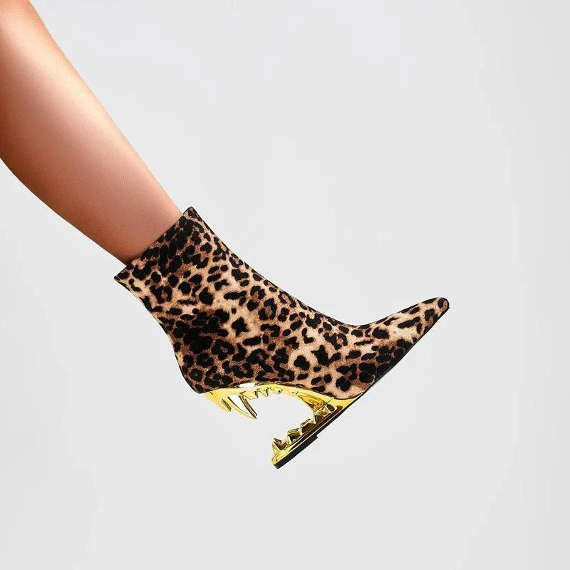 Leopard Print Pointed Toe High Heel Wolf Teeth Short Boots - Glova