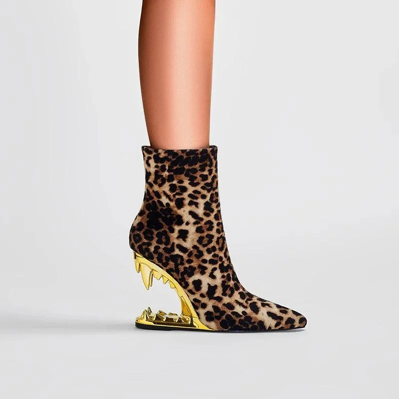 Leopard Print Pointed Toe High Heel Wolf Teeth Short Boots - Glova