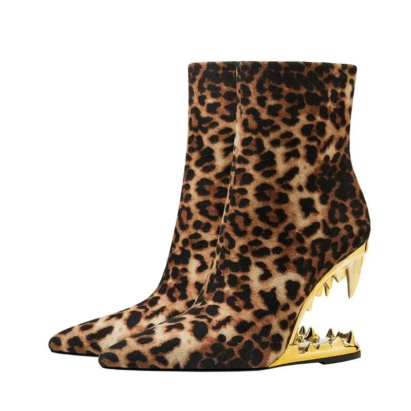 Leopard Print Pointed Toe High Heel Wolf Teeth Short Boots - Glova