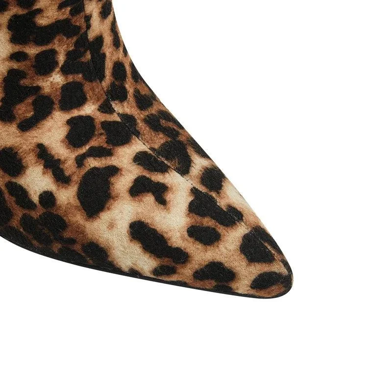 Leopard Print Pointed Toe High Heel Wolf Teeth Short Boots - Glova