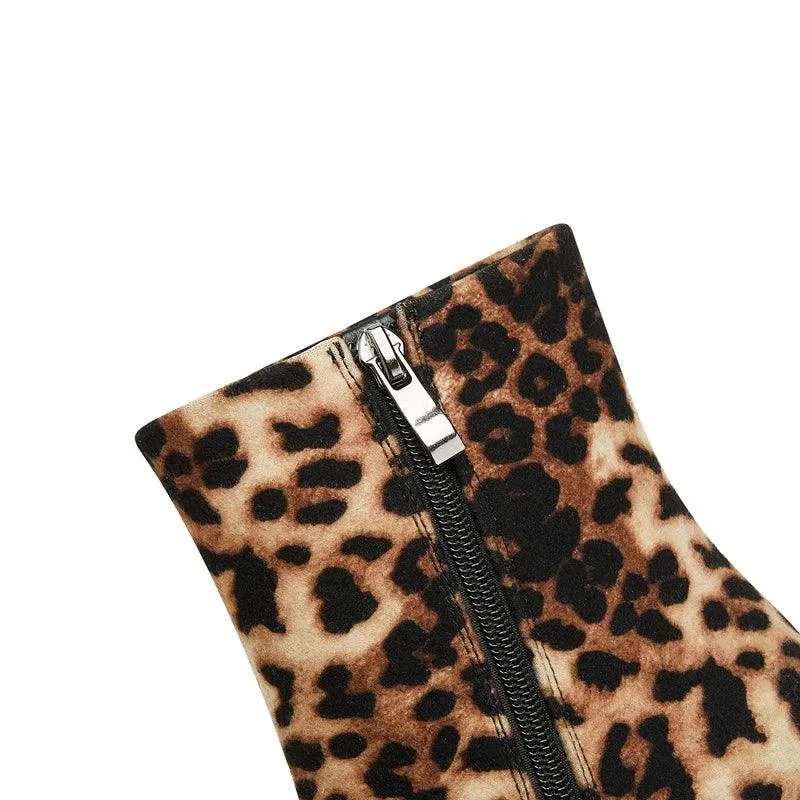 Leopard Print Pointed Toe High Heel Wolf Teeth Short Boots - Glova