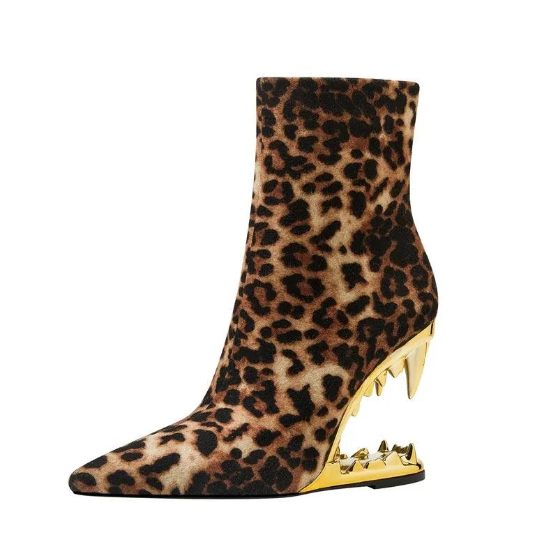 Leopard Print Pointed Toe High Heel Wolf Teeth Short Boots - Glova