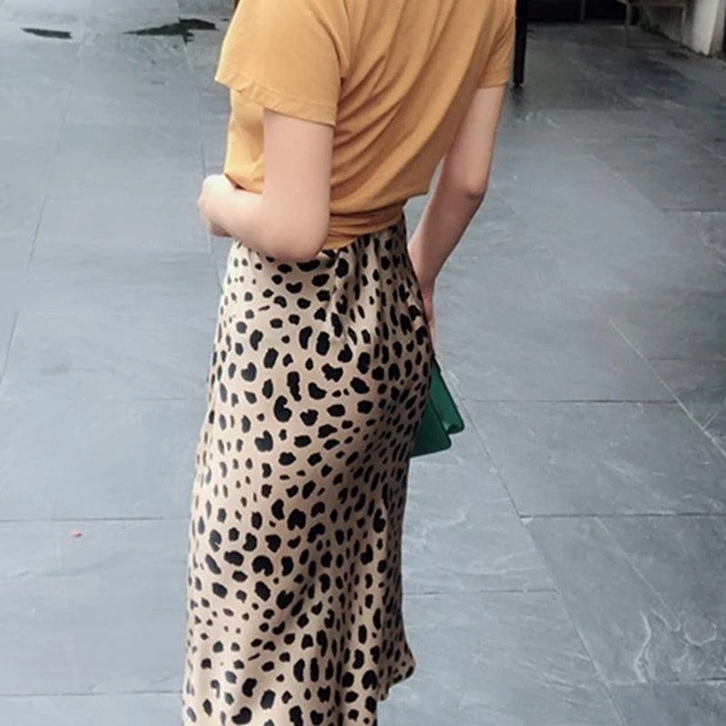 Leopard Print Satin Midi Skirts - Glova