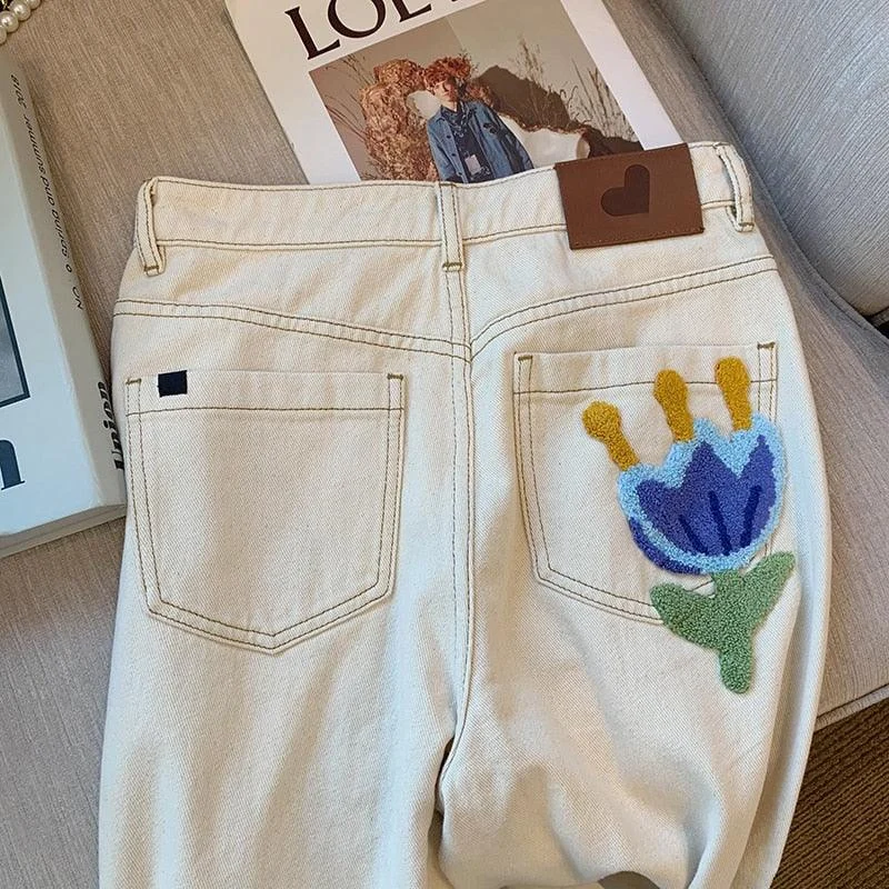 Lidia Flower Embroidery Off-White Jeans - Glova