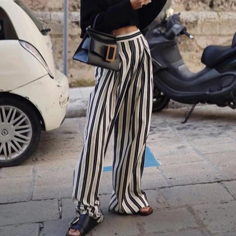 Liisa Casual Big Stripe Wide Leg Pants - Glova