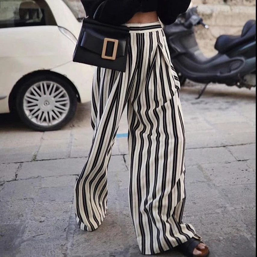 Liisa Casual Big Stripe Wide Leg Pants - Glova