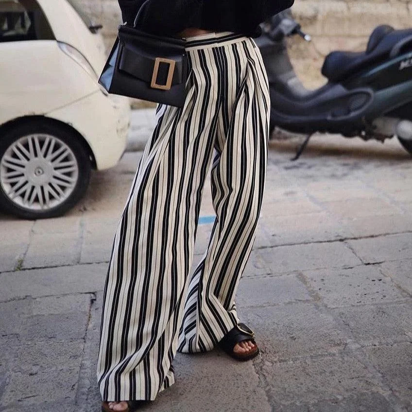 Liisa Casual Big Stripe Wide Leg Pants - Glova