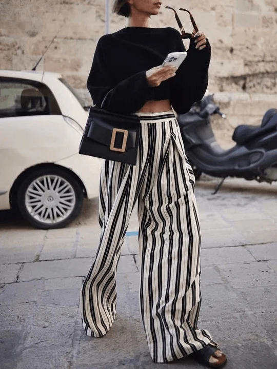 Liisa Casual Big Stripe Wide Leg Pants - Glova