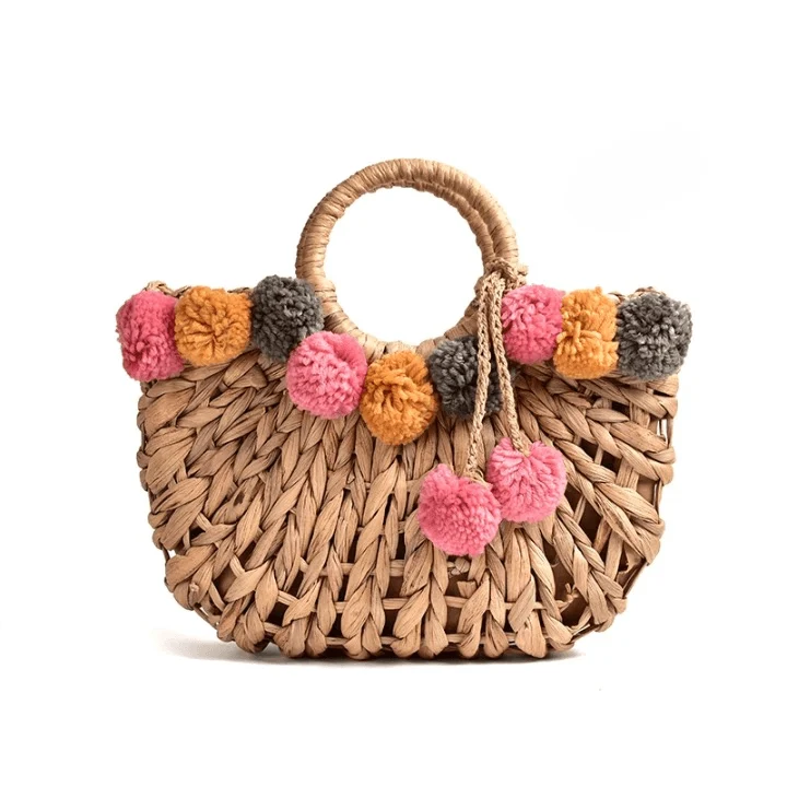 Lilac PomPom Chunky Straw Bag - Glova