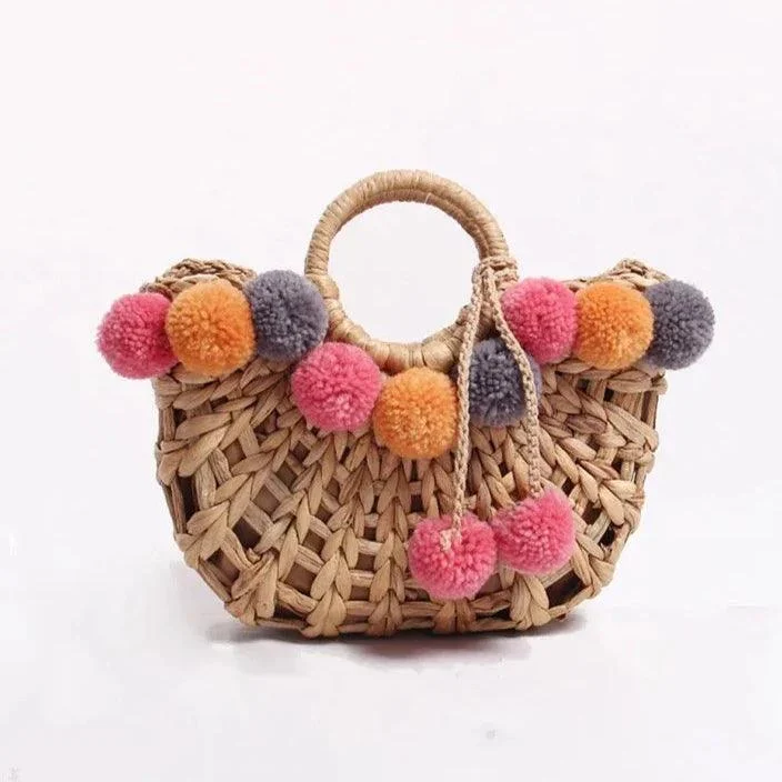 Lilac PomPom Chunky Straw Bag - Glova