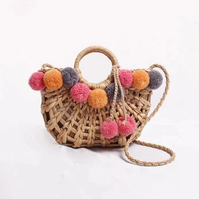 Lilac PomPom Chunky Straw Bag - Glova