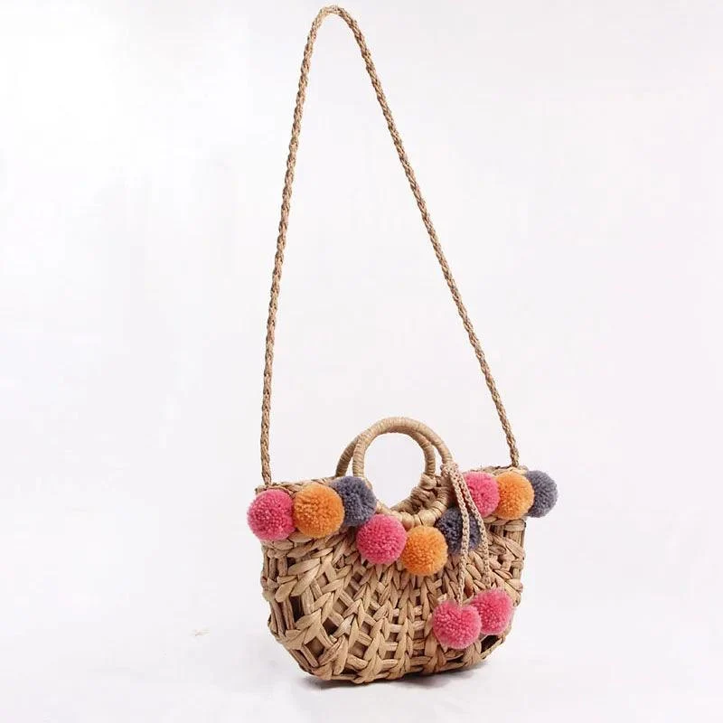 Lilac PomPom Chunky Straw Bag - Glova