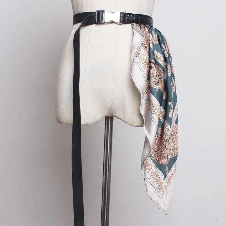 Long Faux Leather Belt with Silk Scarf - Glova