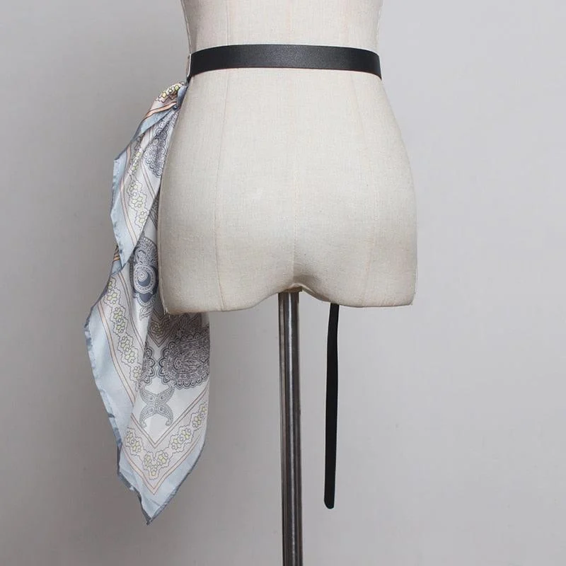 Long Faux Leather Belt with Silk Scarf - Glova