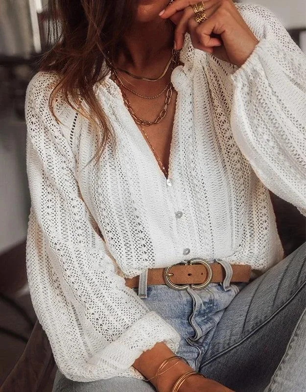 Long Sleeve Hollow Out Lace Women Top - Glova