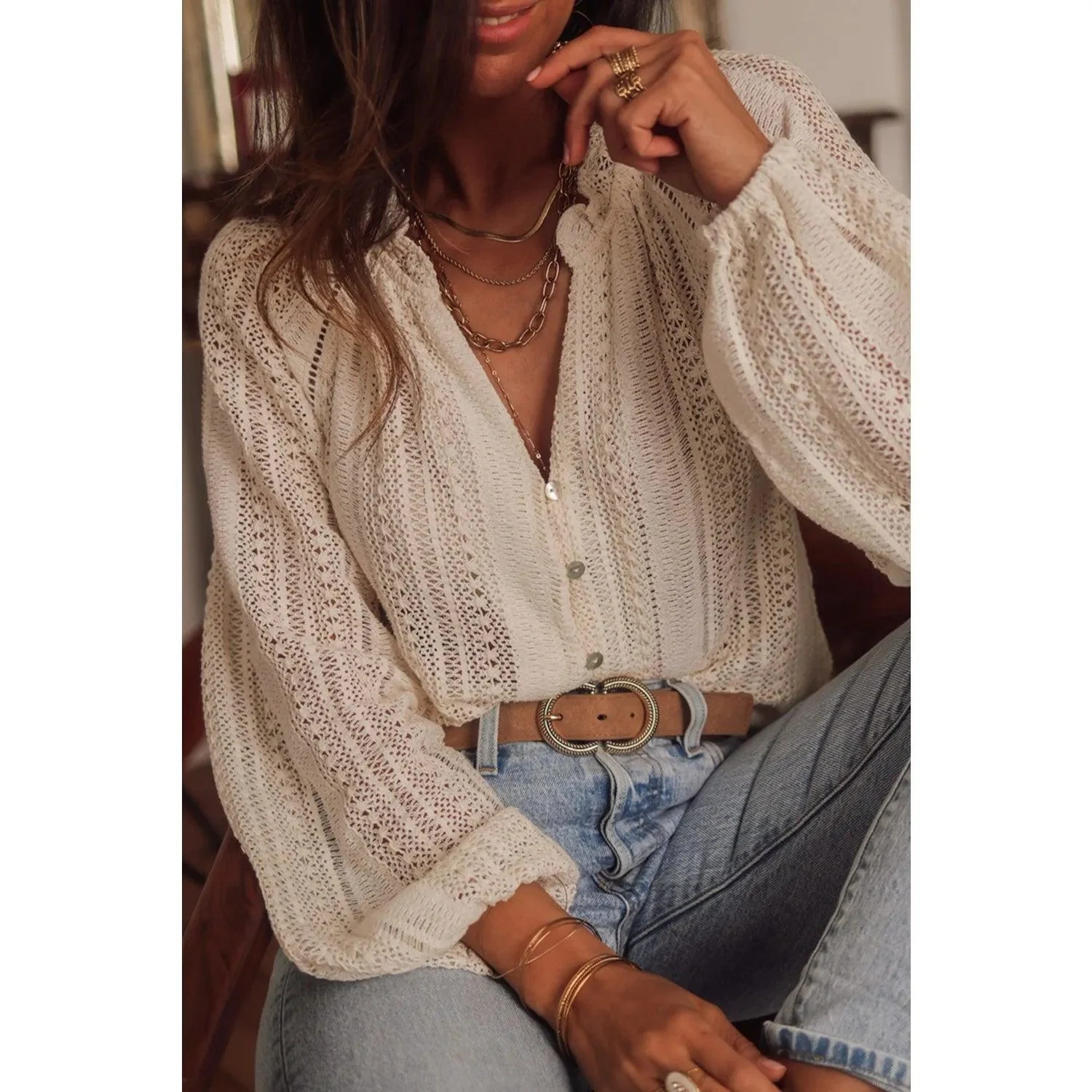 Long Sleeve Hollow Out Lace Women Top - Glova